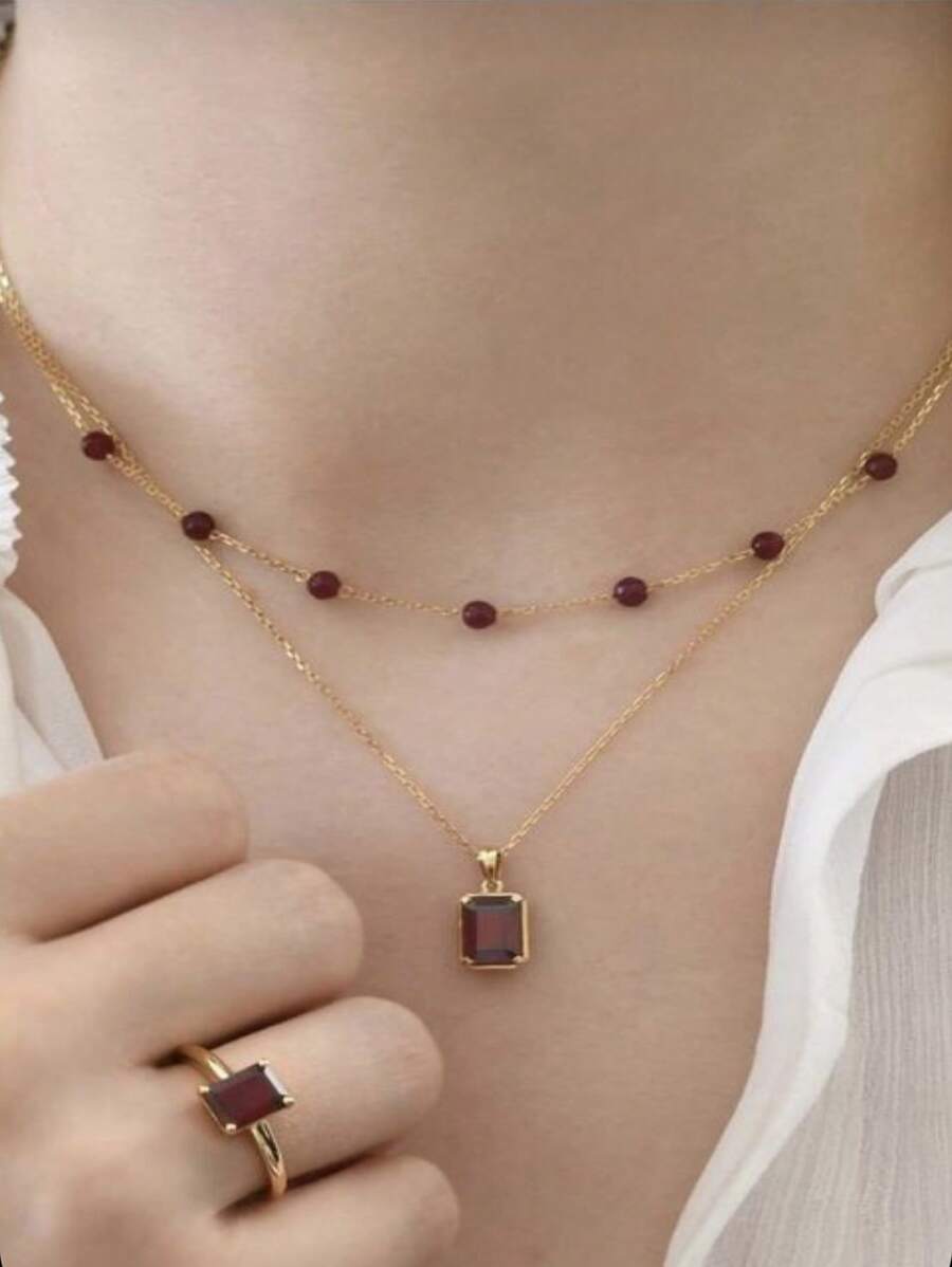 1 pieza Colgante cuadrado vintage marrón de circonita cúbica con collar de doble capa de cuentas de cristal, accesorio de mujer para uso diario, vacaciones y fiestas