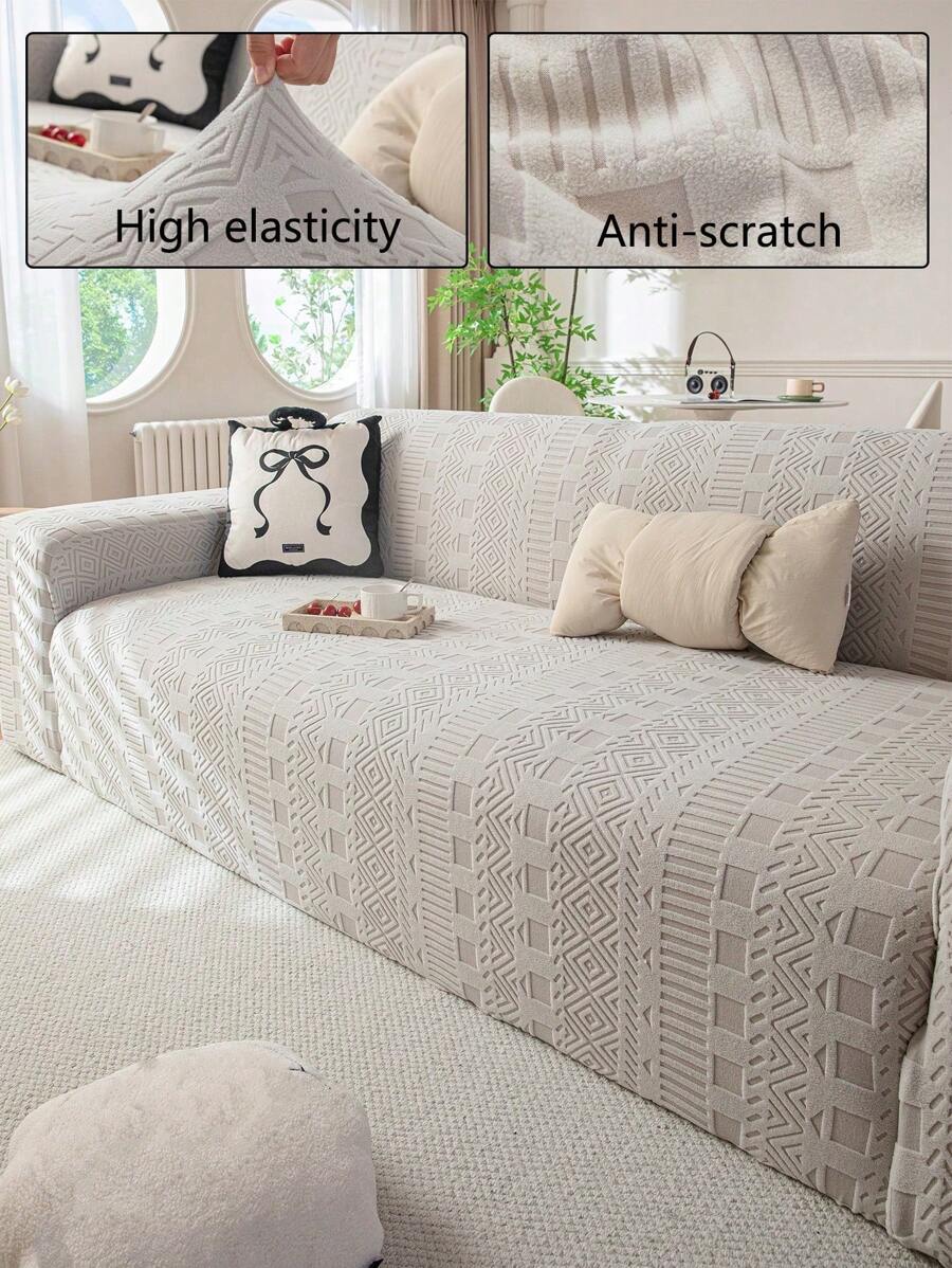 1pc Solid Color Plush Bohemian Sofa Cover, Simple Style All Season Use, Complete Coverage Sofa Slipcover, Sofa Protection Washable Pet Hair Proof, Comes With 1 Pillow Cover, Fit 1-Seat 2-Seat 3-Seat 4-Seat