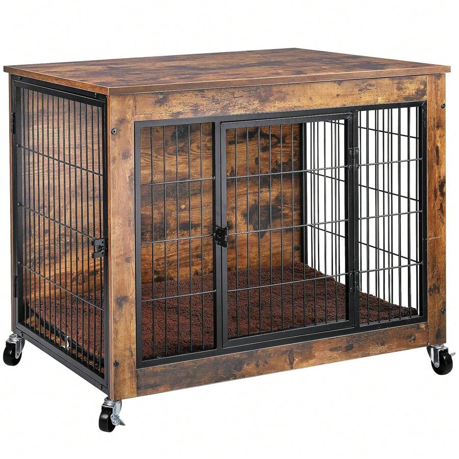 VITESSE Dog Crate Furniture With Cushion, 38 Inch Double Doors Wooden Dog Kennel Indoor With Wheels, Dog House Side End Table For Large Medium Dogs