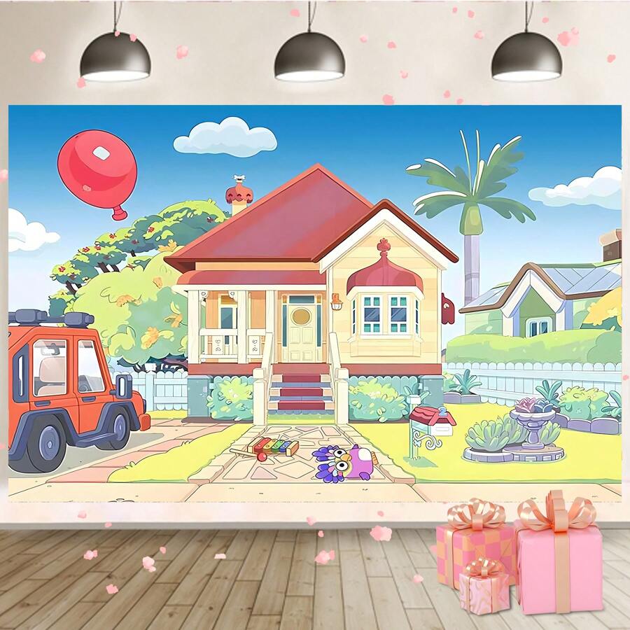1 pezzi Sfondo per fotografia, casa dei cartoni animati, cielo blu, camion, sfondo per esterni, decorazione per feste di animali domestici, perfetto per compleanno, foto cabina, sfondo banner, studio di supporti, 210 cm x 150 cm / 150 cm x 100 cm / 100 cm x 75 cm
