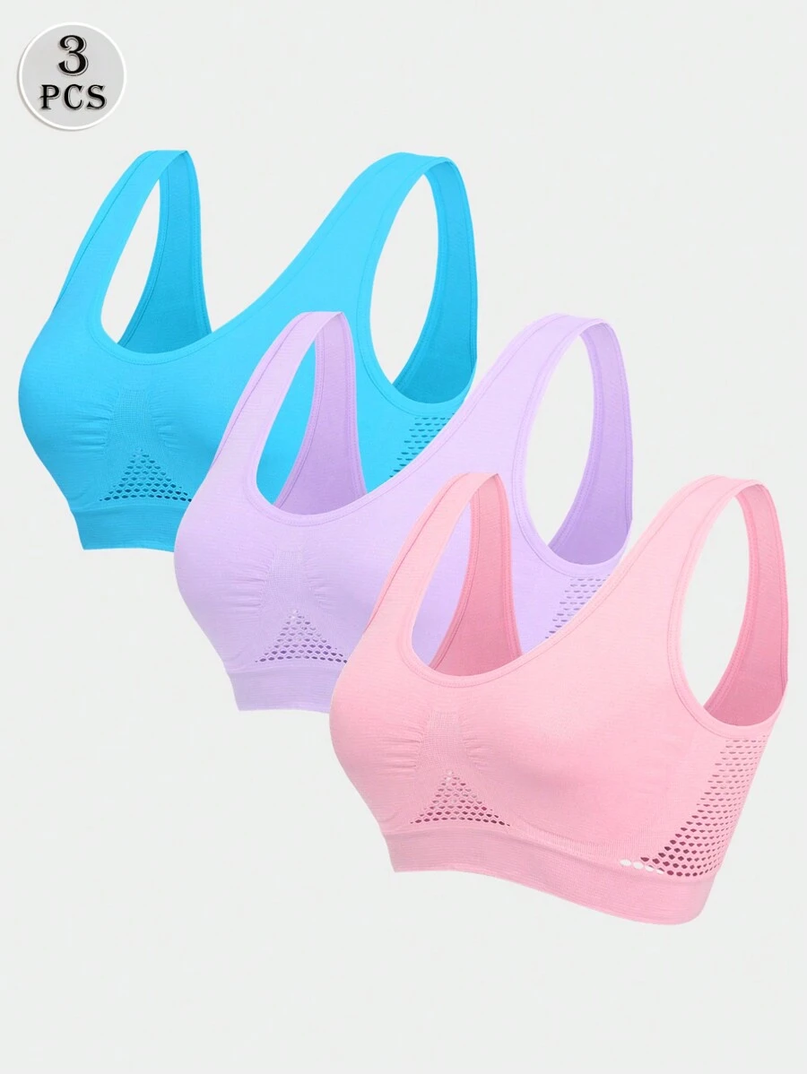 3 pièces Soutien-gorge de sport pour femmes avec design perforé et ajouré, soutien-gorge de sport pour le yoga, à dos nageur