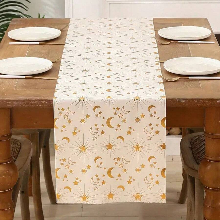 1 pièce Chemin de table décoratif, thème classique doré avec motif étoiles et lunes en feuille d'or, convient pour la décoration de table de la maison pour l'Al-Fitr, cadeau