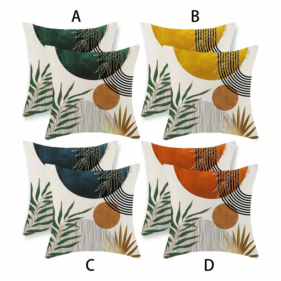 2 PIÈCES Taie d'oreiller de style bohème Abstrait Coucher de soleil doré vert sapin Taie d'oreiller extérieure de style médiéval bohème tropical à motif de feuilles Décorations de ferme Housse de coussin de canapé sans rembourrage sur un côté