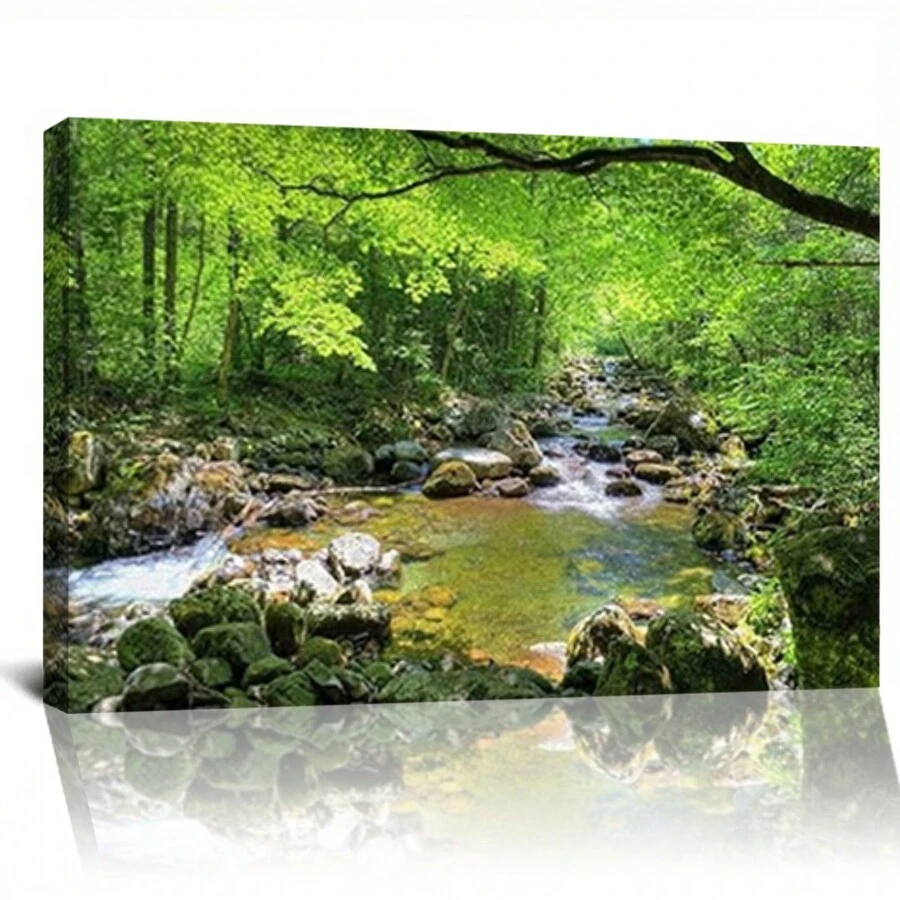 Canvas Print Wall Art River Through The Green Forest Nature Wilderness Photography Modern Art Rustic Scenic Colorful Multicolor For Living Room, Bedroom