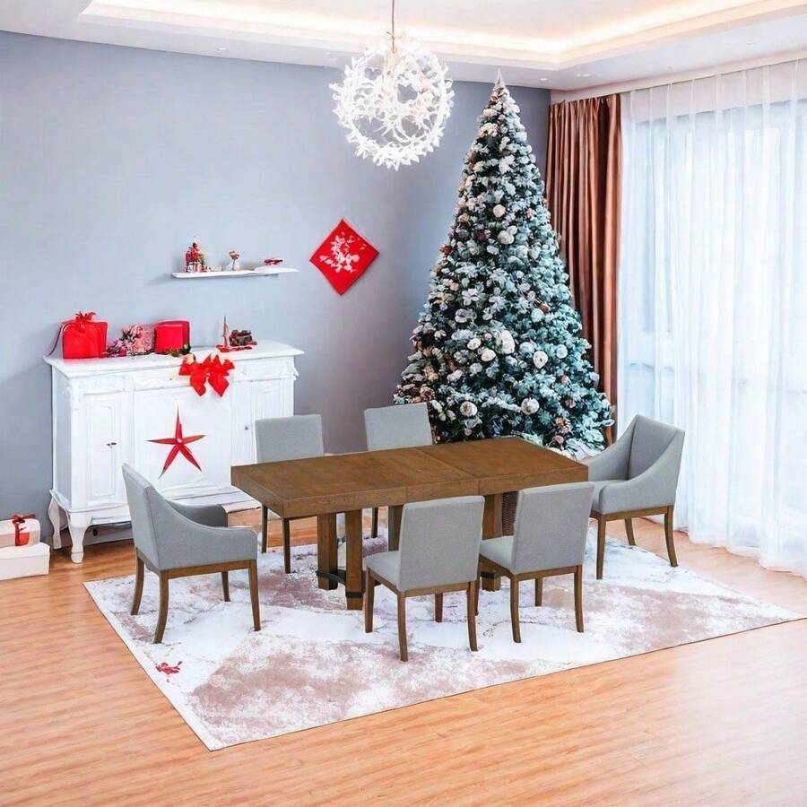 TOPMAX Rustic 7-Piece Extendable Dining Table Set, 76.4-Inch With 18-Inch Removable Leaf, 2 Arm Chairs And 4 Armless Chairs, Brown Rubberwood And Acacia Construction, Elegant Design, Perfect For Holiday Gatherings And Christmas Decor,UrbanLuxe9