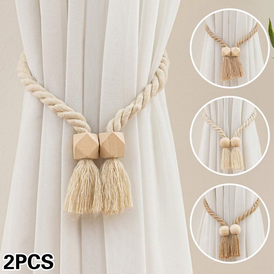 2 piezas de sujetacortinas de madera, cuerda de poliéster de estilo bohemio hecha a mano con diseño de bola redonda o cubo, adecuado para cortinas y cortinas vaporosas, aportando una sensación acogedora