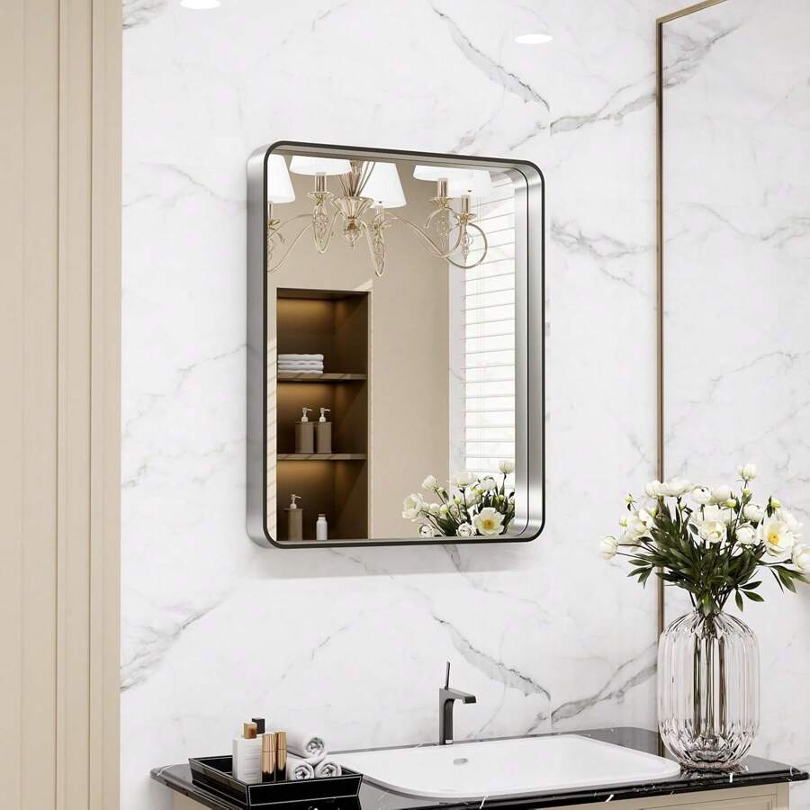 Espejo de baño de 60X36 pulgadas con marco de metal plateado cepillado, con forma rectangular redondeada, acabado en níquel cepillado, resistente a la oxidación y a los golpes, se puede colgar horizontal o verticalmente