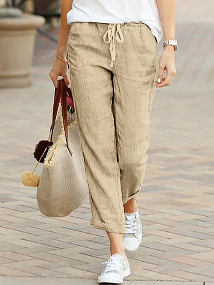 Fashionable Casual Solid Color Elastic Waist Drawstring Pocket Casual Pants