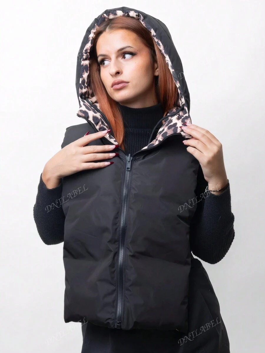 Veste bouffante courte pour femme – Gilet bouffant réversible de couleur unie et imprimé léopard, design réversible, chaud et confortable pour le temps froid, décontracté et élégant, parfait pour les vêtements de travail, de bureau, d'école, d'extérieur pour l'automne/l'hiver.