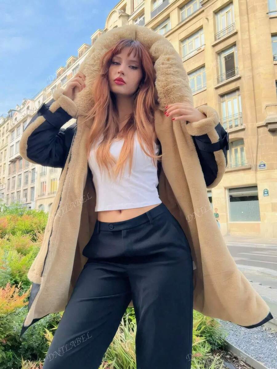 Parka mi-longue pour femme – Doublure polaire chaude, capuche en fausse fourrure. Veste parka en peluche contrastée avec fourrure et poches. Confortable et élégante par temps froid, polyvalente pour les vêtements de travail, de bureau, d'école, d'extérieur.