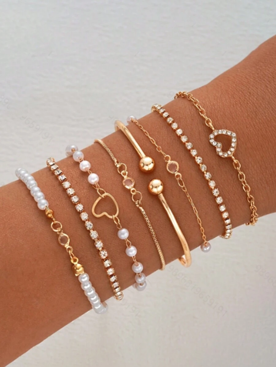 Set de joyería de 13/11/8 piezas, elegantes brazaletes dorados imitación de perla y pulsera abierta en forma de corazón, para uso diario y fiestas, accesorio multicapa, estilo vintage y elegante