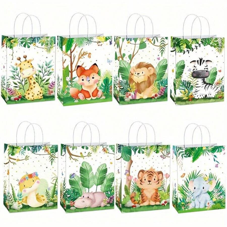 Bolsas de regalo con temática de aventura en la jungla y animales - 16/24/36 unidades, con asas, bolsas de papel para compras, adecuadas para fiestas de cumpleaños, eventos de pequeños negocios, etc.