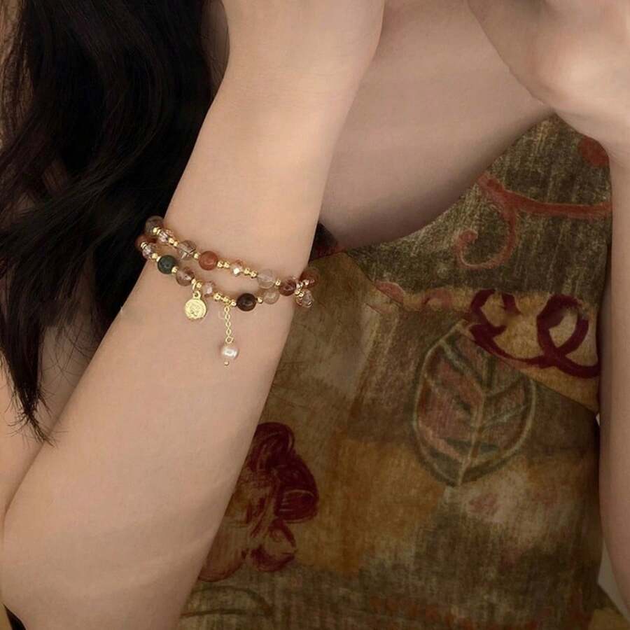 Bracelet en pierre naturelle double couche avec perles d'eau douce pour femmes, bracelet empilable de luxe rétro léger, design de niche, bijoux haut de gamme