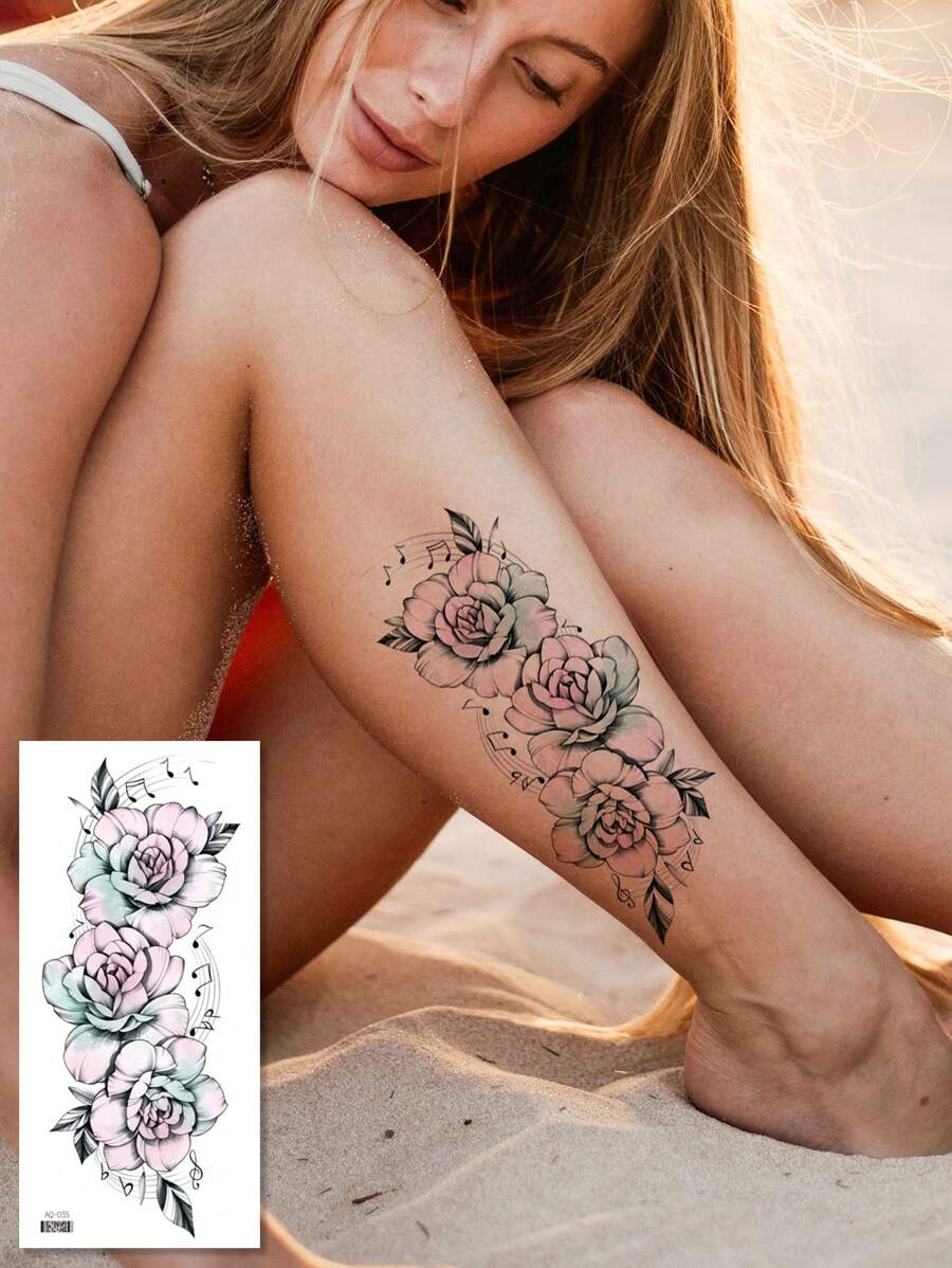 1pc Floral Temporary Tattoo, Waterproof Fake Tattoo, Durable Female Adult Chest Arm Leg Body Art Decoration