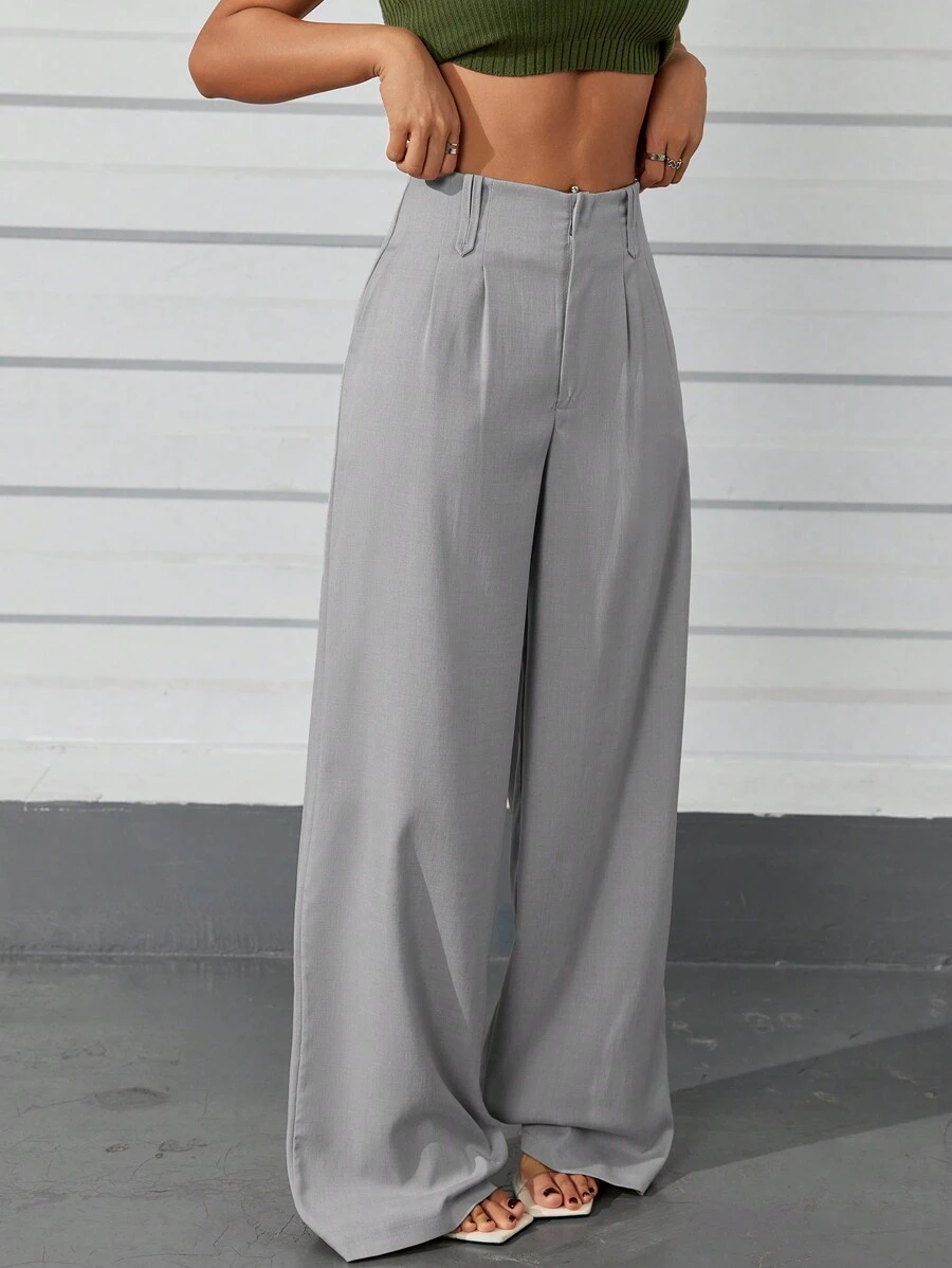 Women's High Waist Straight Leg Pants With Hidden Buttons
