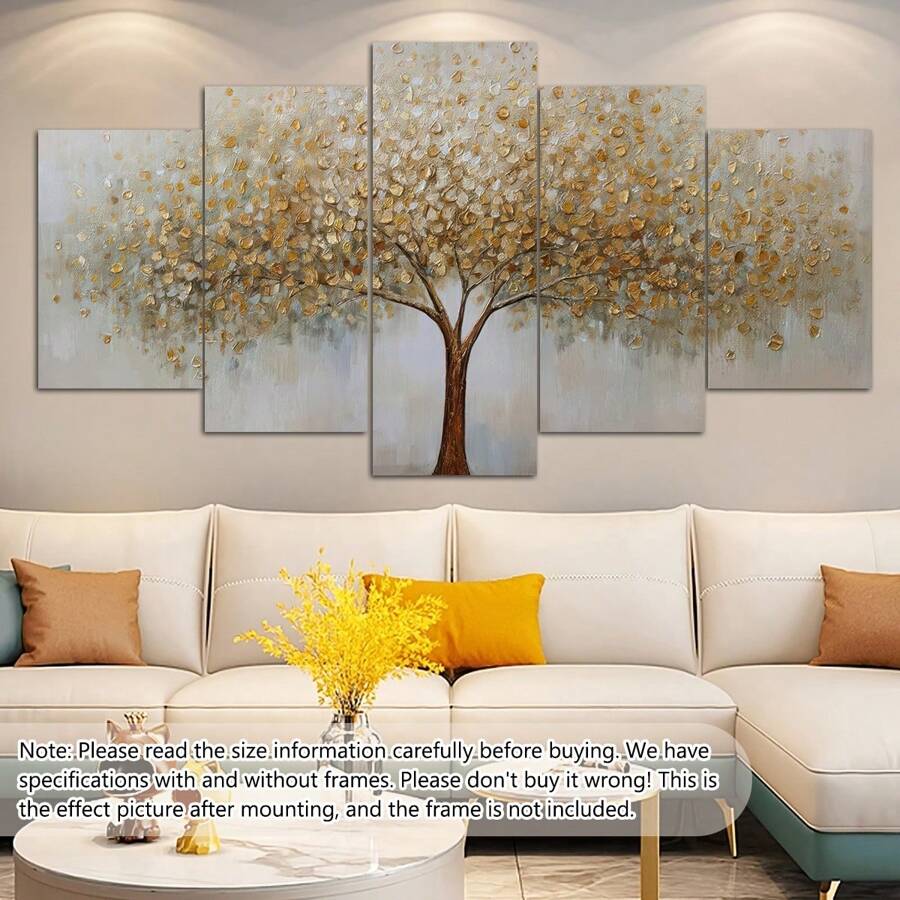 Conjunto de 5 peças de arte de parede em tela com moldura da Árvore da Vida e folha dourada - Pôsteres de paisagem de decoração de arte moderna impressos em tela, arte texturizada com moldura de madeira para sala de estar, quarto, banheiro, sala de jantar - Impressões de arte para interiores para pôsteres de estética de fazenda e casa, arte de parede, decoração de quarto, presentes, aniversário, formatura