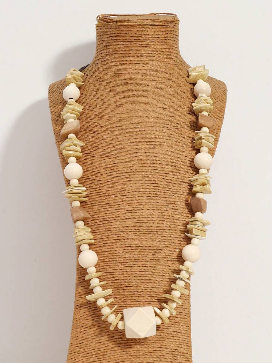 Collier long fait main style bohème en coque de noix de coco et bois, mode polyvalente