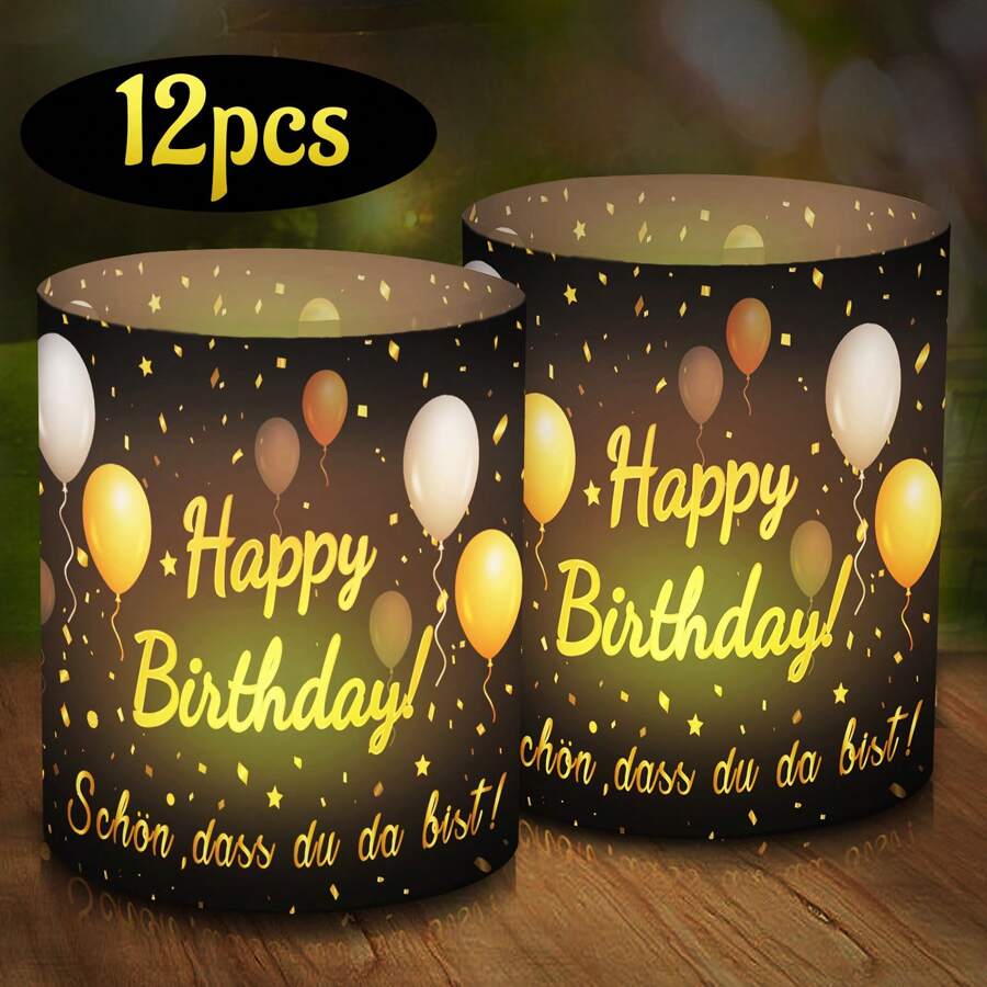12 pièces/set Bougeoirs à thé en plastique noir et or qui s'illuminent, décorations de gâteau pour fêtes d'anniversaire, sans bougies incluses
