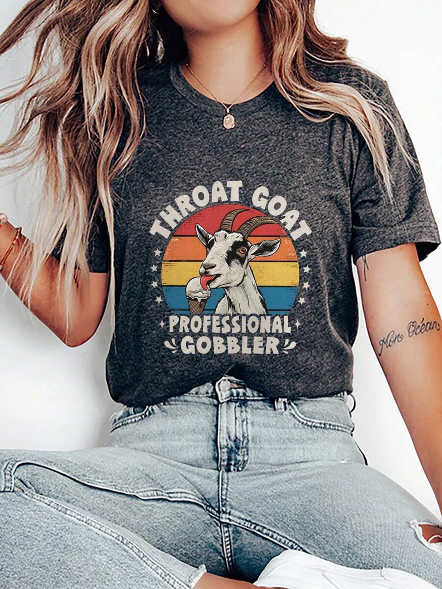 Women's Casual Crew Neck Short Sleeve Goat Eating Ice Cream Print Top, Everyday Wear