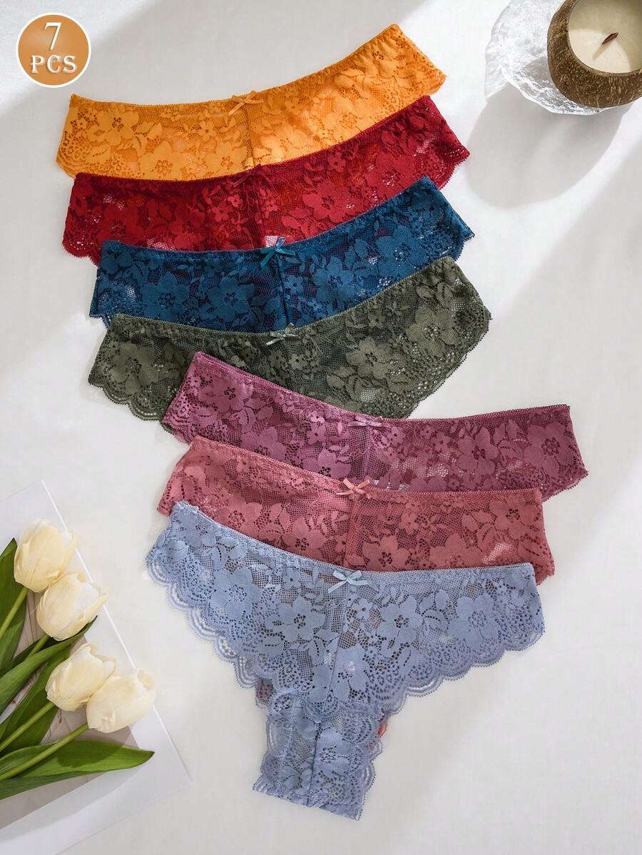 7 pares de bragas de encaje floral de talle bajo para mujer