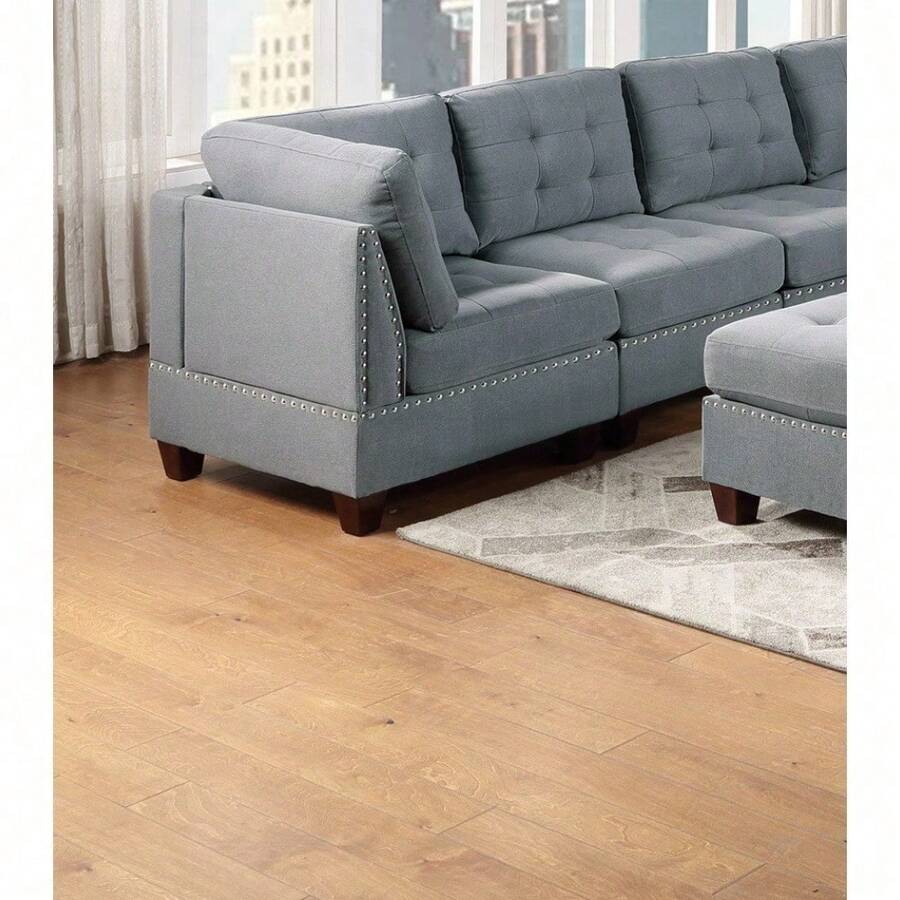 Living Room Furniture Tufted Corner Wedge Grey Linen Like Fabric 1pc Cushion Nail Heads Wedge Sofa Wooden Legs,Christmas,ChicFurnish8