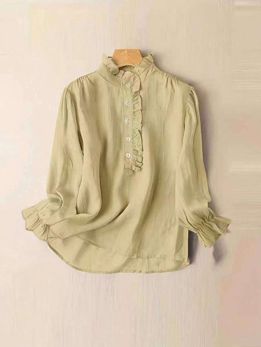 Blusa casual de manga larga con cuello con volantes para mujer, otoño