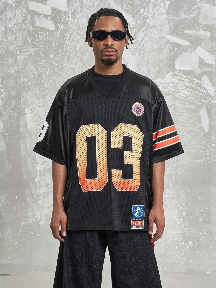 Koszulka baseballowa MT99 Fashionable Mesh Panel Splice, czarna luźna koszulka z nadrukiem liter i cyfr