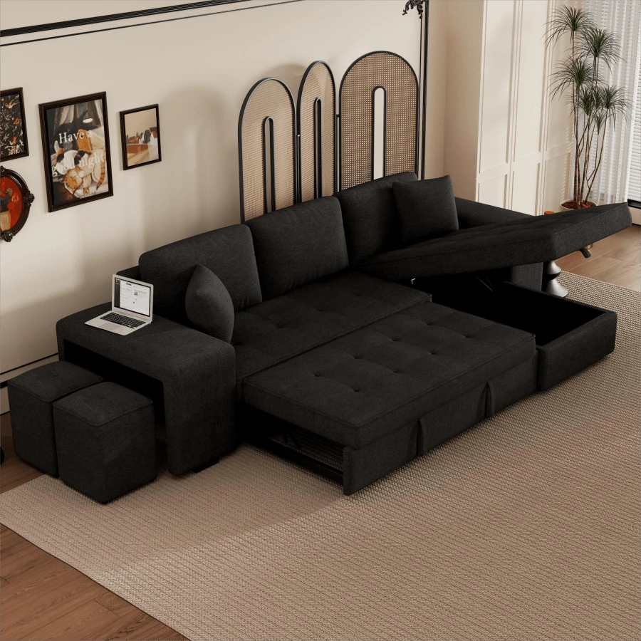 104.5" Modern L-Shape 3 Seat Reversible Sectional Couch Pull Out Sleeper Sofa With Storage Chaise And 2 Stools For Living Room Furniture Set Charcoal Grey
