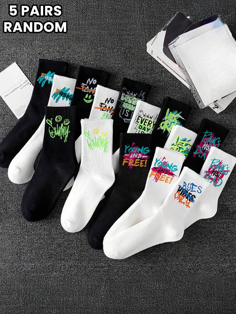 5 pares de calcetines de tubo medio aleatorios para hombres y mujeres de estilo callejero. Calcetines de tripulación cómodos y personalizados con estampados de colores
