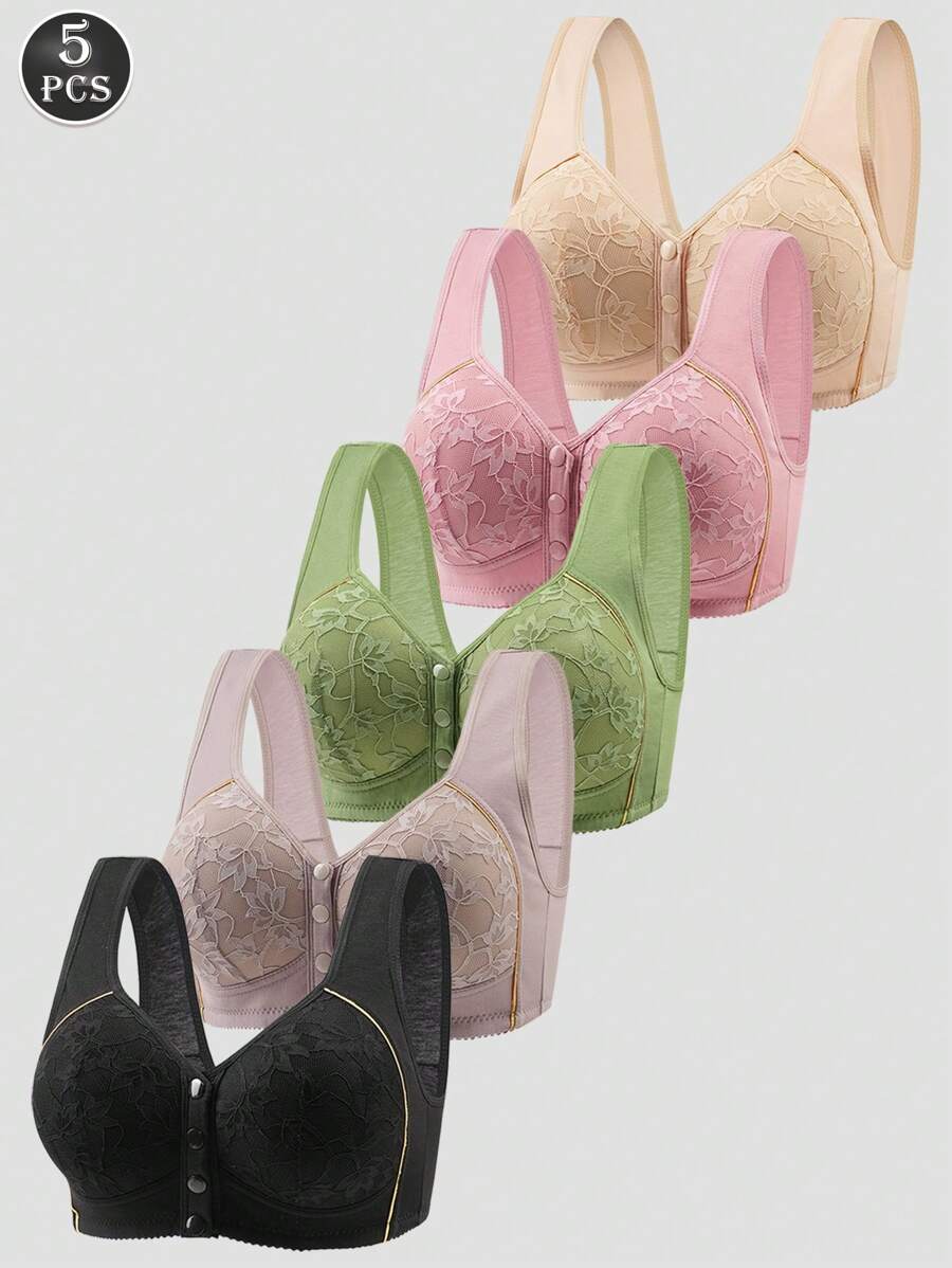 5 Peças Sutiãs de Lingerie Confortáveis com Estampa Floral e Acabamento Dourado, Fechamento Frontal, para Mulheres