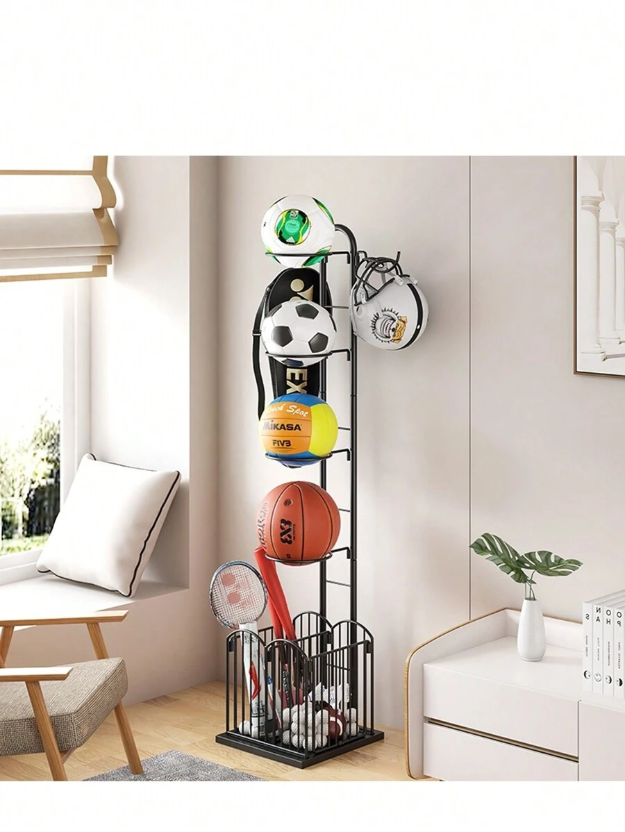 Panier Organiseur de Basket-Ball, Porte Ballon avec Etagere Rangement, Support d'équipement de Sport sur pieds, 25x30x152cm