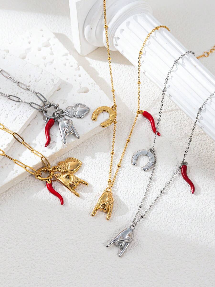 1Pc Versatile Fashion Classic Red Bull Horn Sacred Heart Rock Gesture Detachable Pendant Necklace, Stainless Steel Plated Genuine Gold Color Preserving Waterproof, Women Gifts, Women's Jewelry