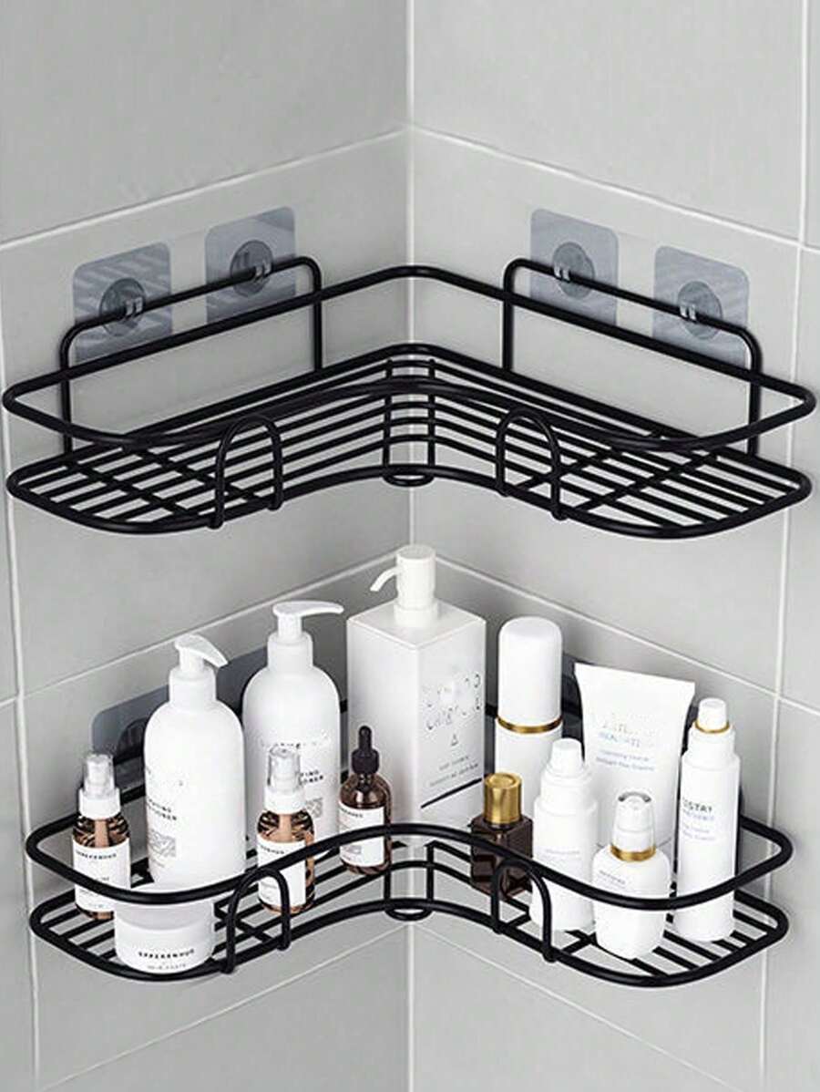 1/2pcs Black Triangular Multi-Purpose Self-Adhesive Wall-Mount Corner Storage Rack For Bathroom, Kitchen, Cosmetics, Shower Home Bathroom Decor Bathroom Organizer Fall Decor Back To School