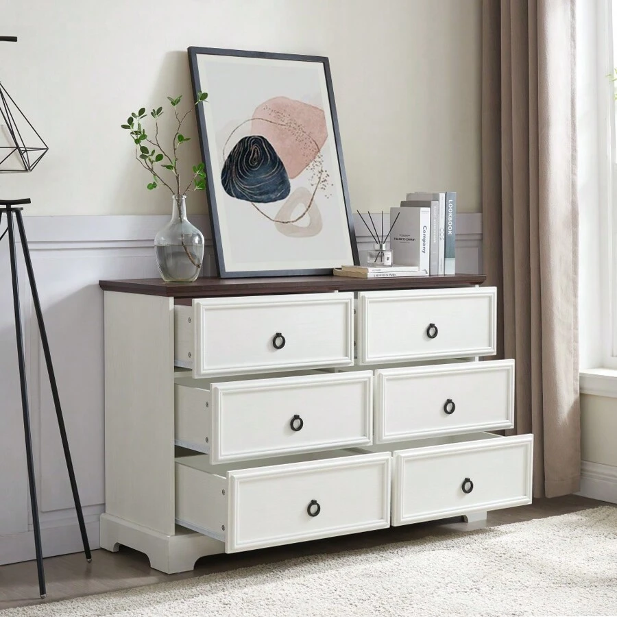 Modern Farmhouse 6-Drawer Chest Of Drawers For Bedroom, Wooden Bedroom Drawer Dresser With 6 Storage Drawers,6 Drawer Dresser Chests For Bedroom White