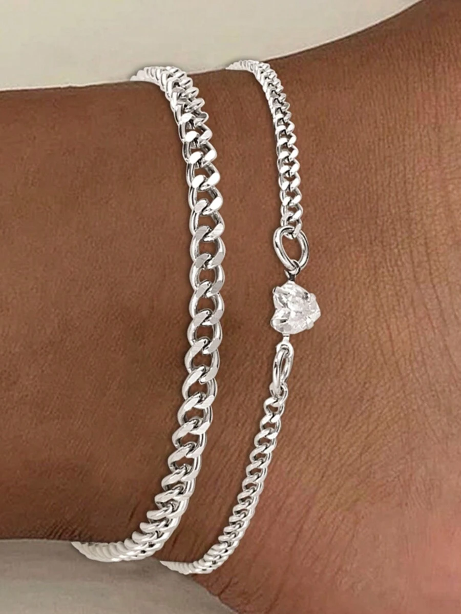17KM 2pcs Heart Rhinestone Stainless Steel Chain Anklet Set, Simple Women Gift For Date, Vacation, Daily Wear