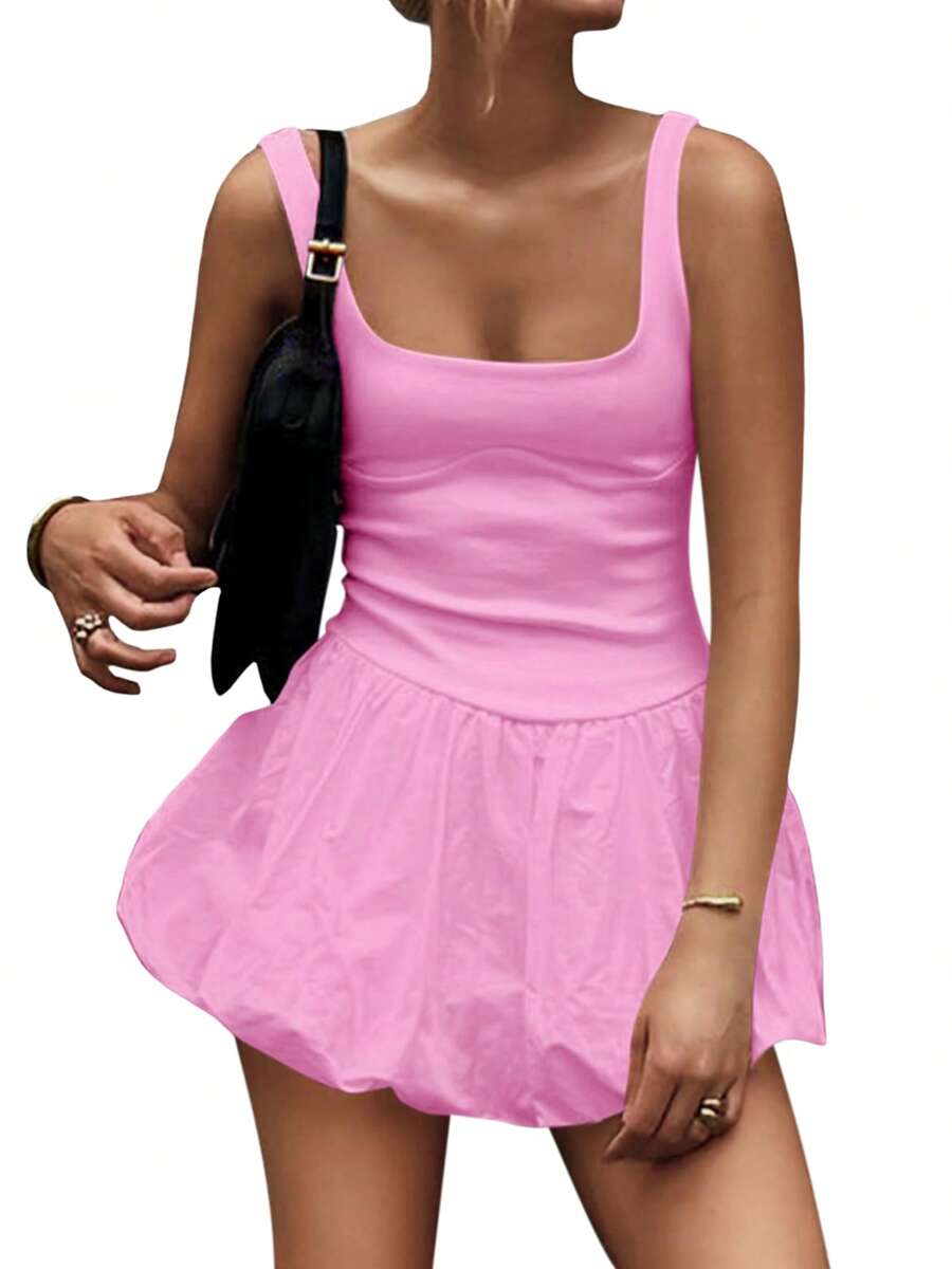 Women's Mini Tank Dress Square Neck Sleeveless Backless A-Line Solid Color Puffball Dress For Party Club
