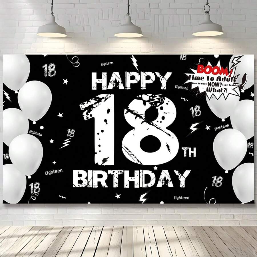 1pc 18th Birthday Party Backdrop Banner, Happy 18th Birthday Black And White Background For Birthday Party, Cake Table Banner, Photo Booth, Party Background Decoration Supplies Gifts