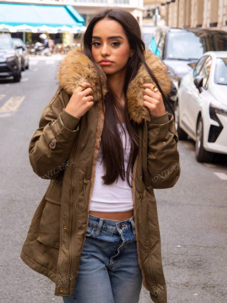 Parka coupe classique pour femme – Couleur unie, capuche en fausse fourrure, taille élastique réglable, chaude et élégante par temps froid, parfaite pour les vêtements de travail, de bureau, d'école, d'extérieur pour l'université.