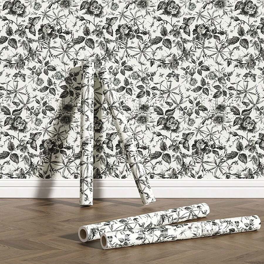 1 rouleau de papier peint auto-adhésif à motif de roses noires, noir et blanc, pour meubles, armoires, décoration de maison moderne. Plusieurs longueurs disponibles. Décoration Rama, papier peint mural, stickers muraux, décoration de chambre, décoration murale, sticker mural