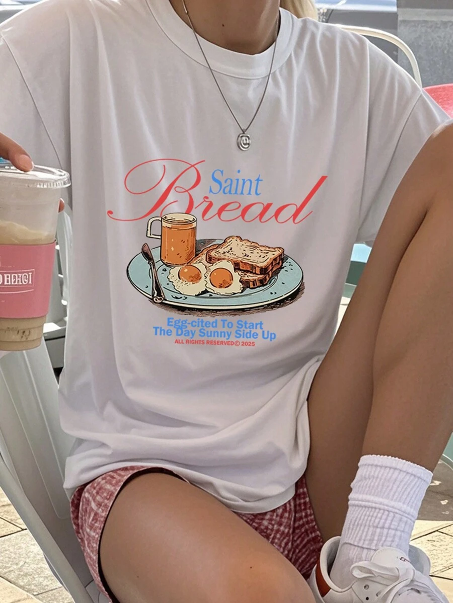 White Women's Casual Everyday Round Neck Short Sleeve Food & Bread Print T-Shirt, Spring/Summer