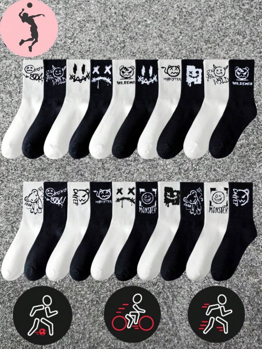 1/3/6/8 Pairs Mixed Black & White Graffiti Design Mid-Calf Socks For Men, Suitable For Casual, Outdoor, And Sports Wear