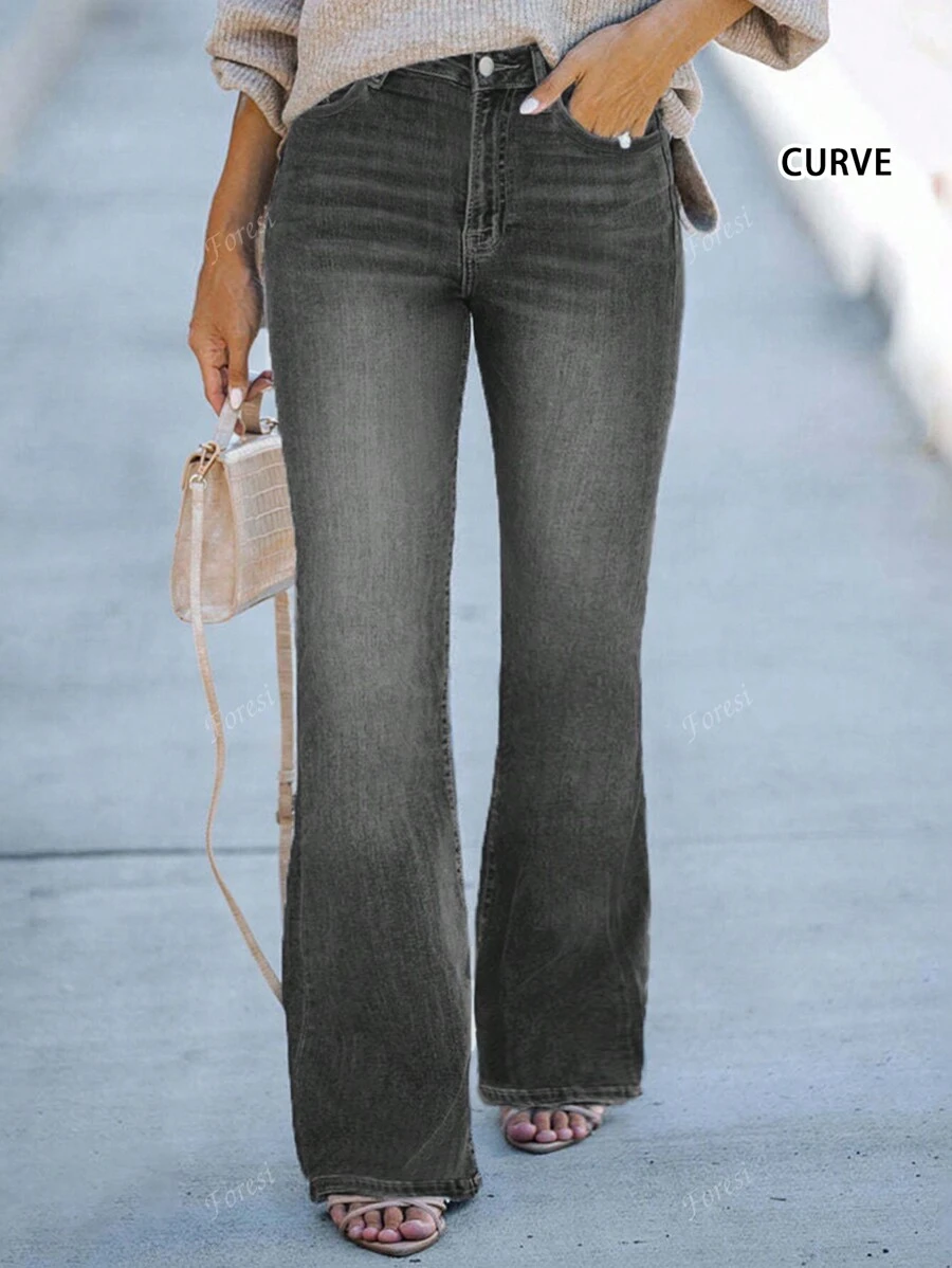 Jeans acampanados grises básicos y sencillos de talla grande, de ajuste slim, adecuados para el uso diario todo el año
