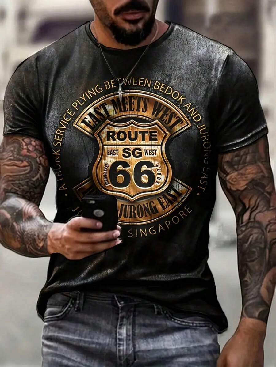 Route 66 Retro Graphic Print Crew Neck Short Sleeve Casual T-Shirt - Soft Slight Stretch Polyester Fabric, Regular Fit, Pattern, Perfect For Summer Outdoor Streetwear And Travel