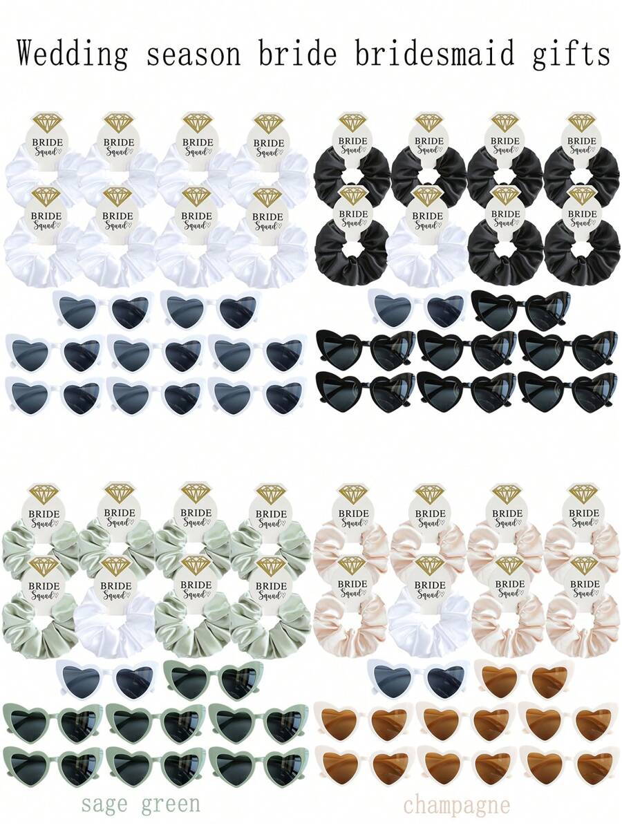 16pcs Wedding Party Bridesmaid Gift Set, Including Hair Scrunchies, Heart-Shaped Glasses, Suitable For Gifting To Women, Lovers, Family, Friends