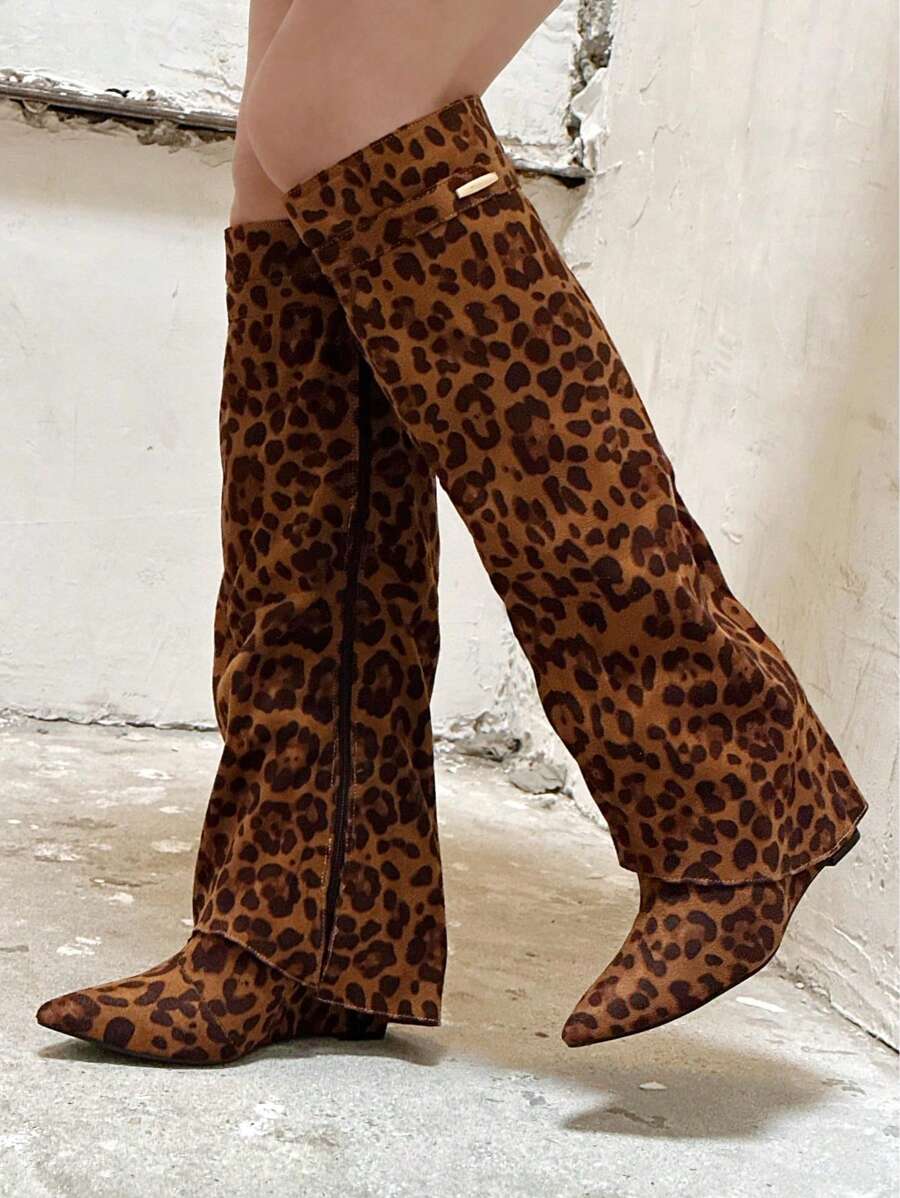 1 paar effenkleurige, aan de zijkant ritsende, casual, pluche kniehoge laarzen