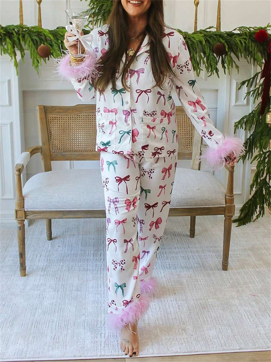 Women Christmas Pajamas Set Santa Print Lapel Neck Button-Up Long Sleeve Tops Long Pants Loungewear Plush Trim Outfit