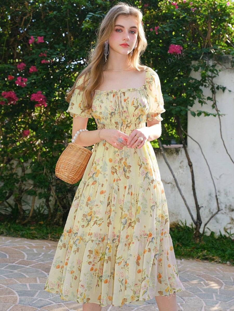 Women's Floral Print Ruffle Short Sleeve Mini Dress