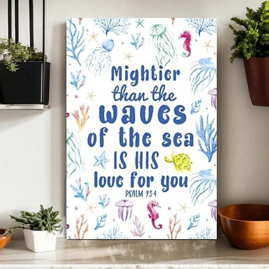 Religious Bible Verse Canvas Wall Art For Kids,Mightier Than The Waves Canvas Painting Wall Decor For Kids,Christian Religious Canvas Wall Art For Kids