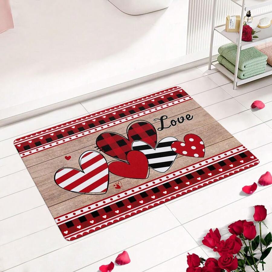1 pièce Paillasson en forme de cœur à carreaux rouges et noirs imprimé éponge pour la Saint-Valentin, tapis de bain pour anniversaire de mariage et vacances, tapis d'entrée doux, absorbant et antidérapant pour la décoration de la maison