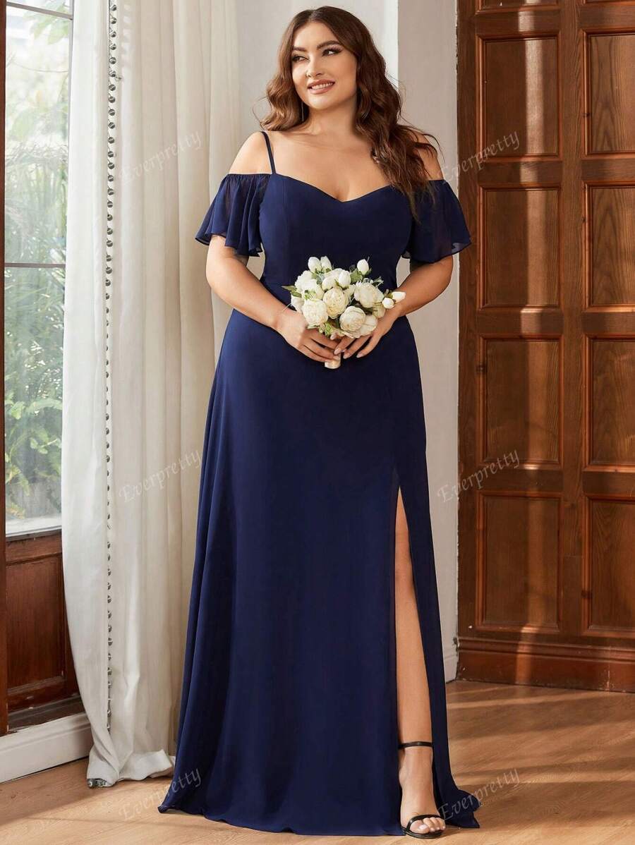 EVER-PRETTY Vestido elegante, romántico y glamoroso para dama de honor de talla grande con hombros descubiertos